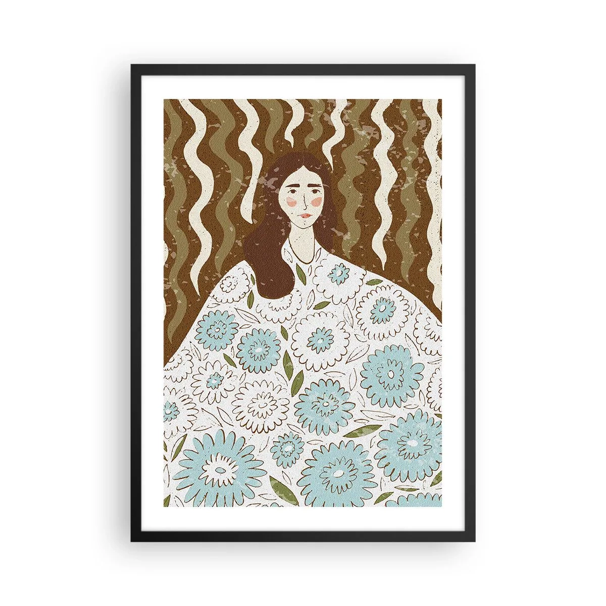 Poszter fehér keretben - Stilizált portré egy virágmintás ruhás nőről hullámos minták hátterében. - 50x70cm - Portré virágos köntösben - Modern fali dekoráció nappalihoz és hálószobához ARTTOR