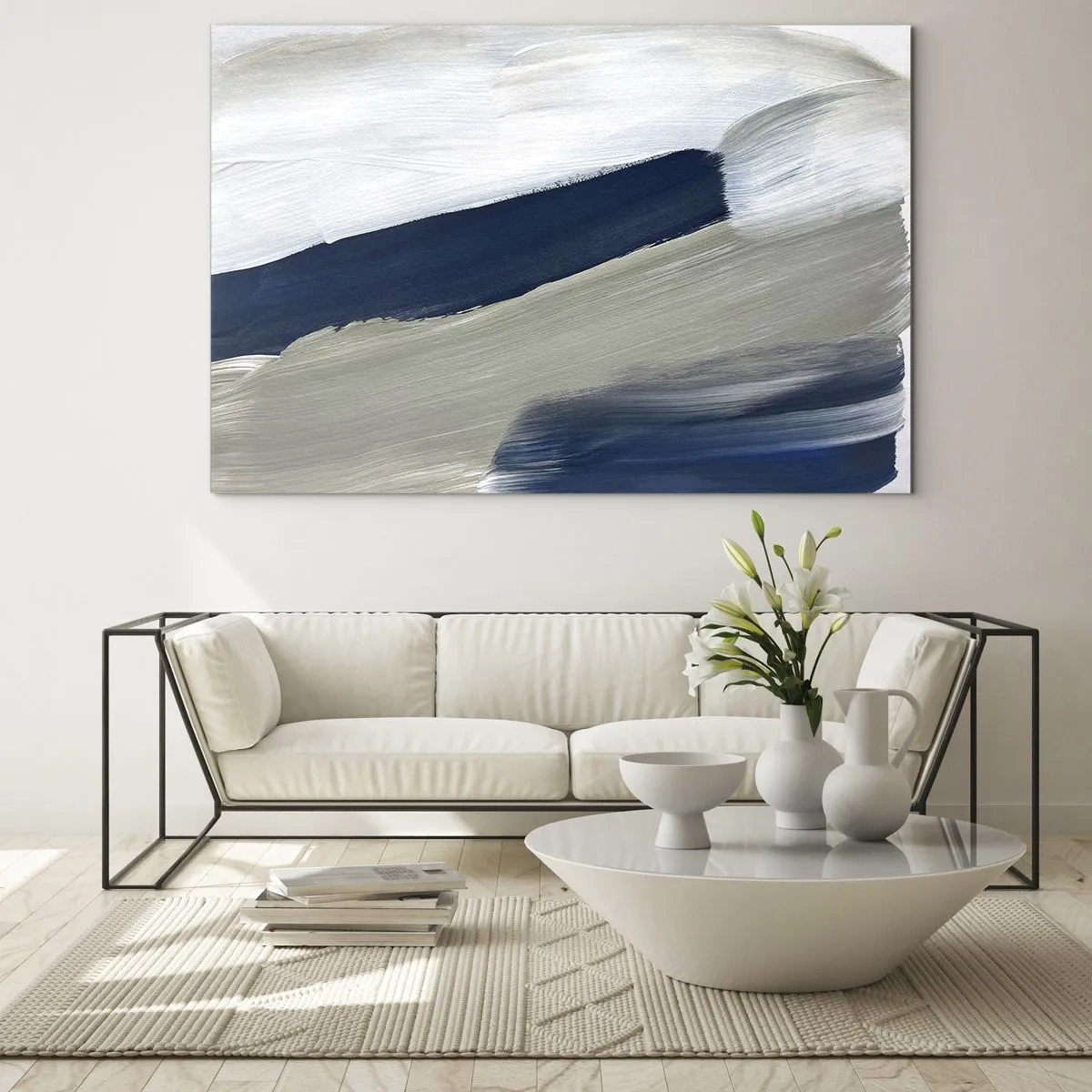 Üveg kép - Minimalista absztrakció dinamikus fehér, sötétkék és szürke ecsetvonásokkal. - 70x50cm - Találkozás a fehérrel - Modern fali dekoráció nappalihoz és hálószobához ARTTOR
