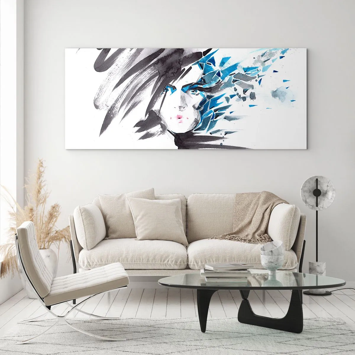 Üveg kép - Érzéki portré szürkében és kékben - 90x30 cm