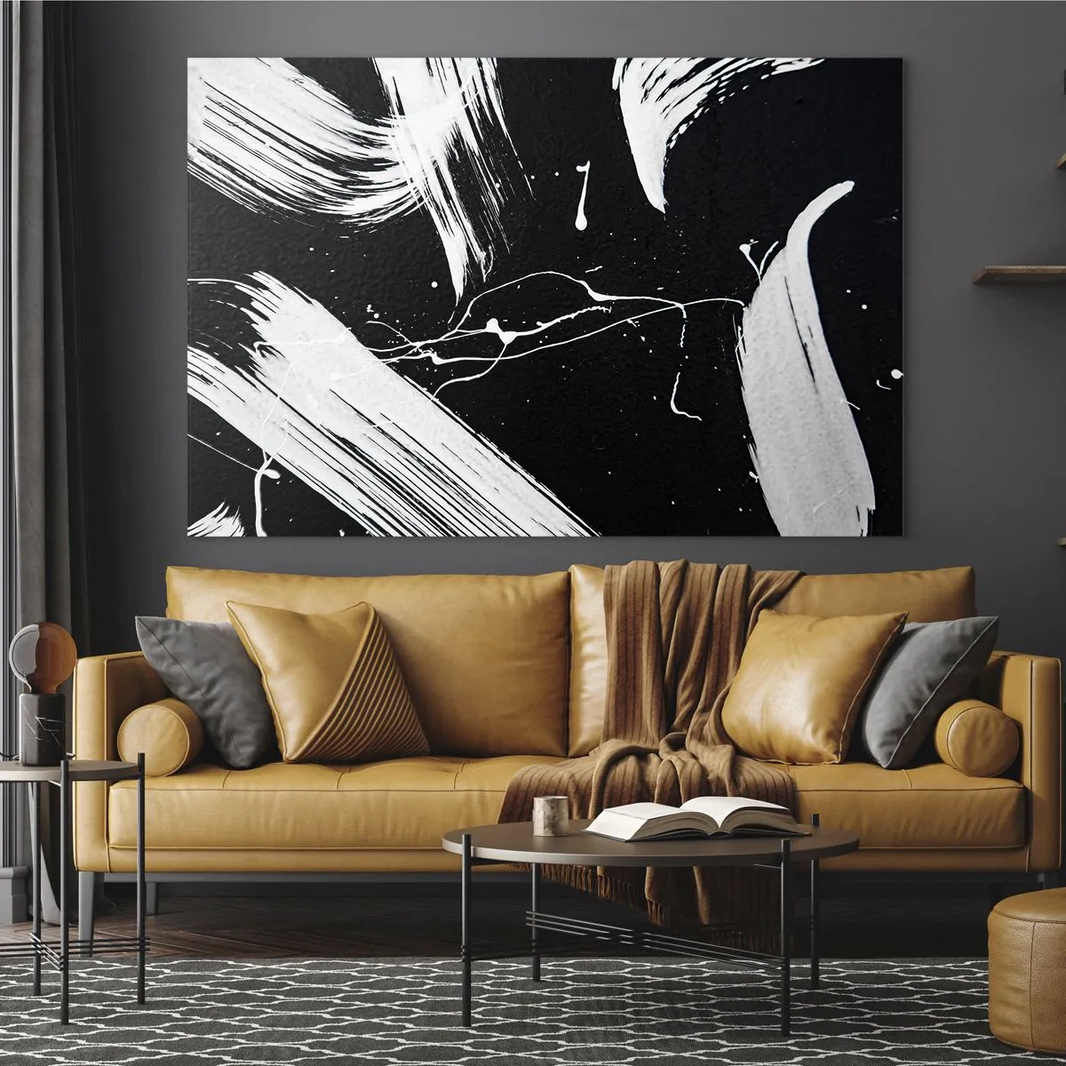 Üveg kép - Fehér ecsetvonások fekete háttéren - 70x50cm - Megtöri a sötétséget - Modern fali dekoráció nappalihoz és hálószobához ARTTOR