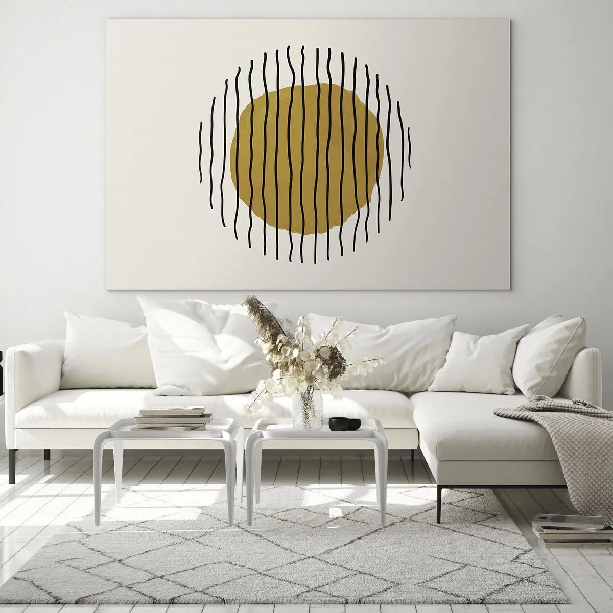 Üveg kép - Minimalista kompozíció sárga körrel és fekete vonalakkal. - 70x50cm - A hőtől remegő absztrakció - Modern fali dekoráció nappalihoz és hálószobához ARTTOR
