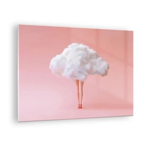Üveg kép - Egy női alak, ruha helyett felhővel, pasztellrózsaszín háttér előtt. - 70x50cm - Édes ígéret - Modern fali dekoráció nappalihoz és hálószobához ARTTOR