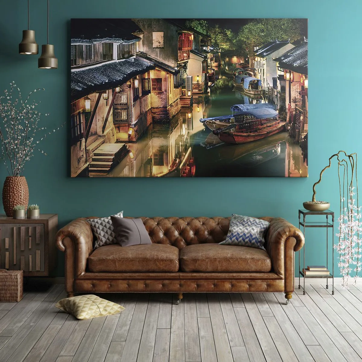 Vászonkép - Éjszakai kilátás a csatornákra, hagyományos hajókkal és házakkal - 70x50cm - Este egy kínai utcán - Modern fali dekoráció nappalihoz és hálószobához ARTTOR