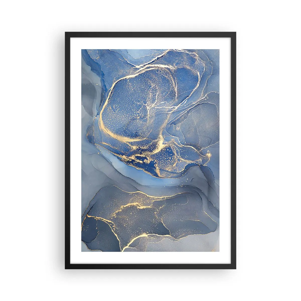 Poszter fehér keretben - Absztrakt foltok kék és arany árnyalatokban - 50x70cm - Arany por - Modern fali dekoráció nappalihoz és hálószobához ARTTOR