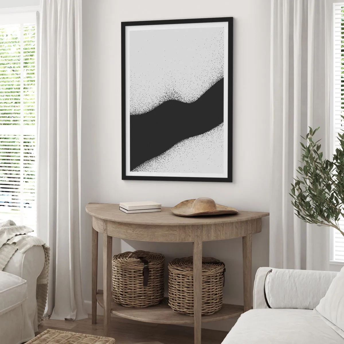 Poszter fehér keretben - Minimalista hullámforma fekete és szürke színben, szemcsés hatással - 50x70cm - Folyékony egyensúly - Modern fali dekoráció nappalihoz és hálószobához ARTTOR