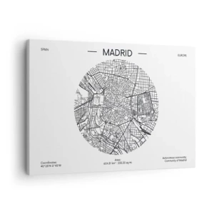 Vászonkép - Madrid térképe minimalista fekete-fehér stílusban - 70x50cm - Madrid anatómiája - Modern fali dekoráció nappalihoz és hálószobához ARTTOR