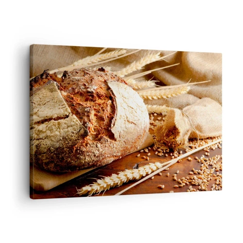 Vászonkép - Ropogós kenyér gabonával és búzakalászokkal, fából készült háttéren - 70x50cm - Étvágygerjesztő, illatos, ropogós - Modern fali dekoráció nappalihoz és hálószobához ARTTOR