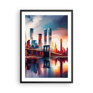 Poszter fehér keretben - A város panorámája egy híddal és a vízben tükröződéssel - 50x70cm - Fenomenális New York - Modern fali dekoráció nappalihoz és hálószobához ARTTOR