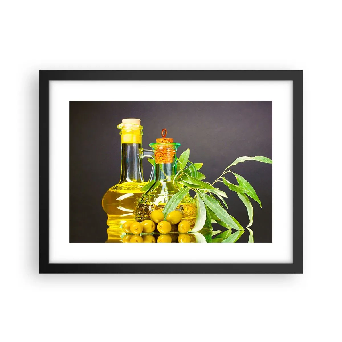 Poszter fehér keretben - Csendélet olívabogyóval és olívaolajjal - 40x30 cm
