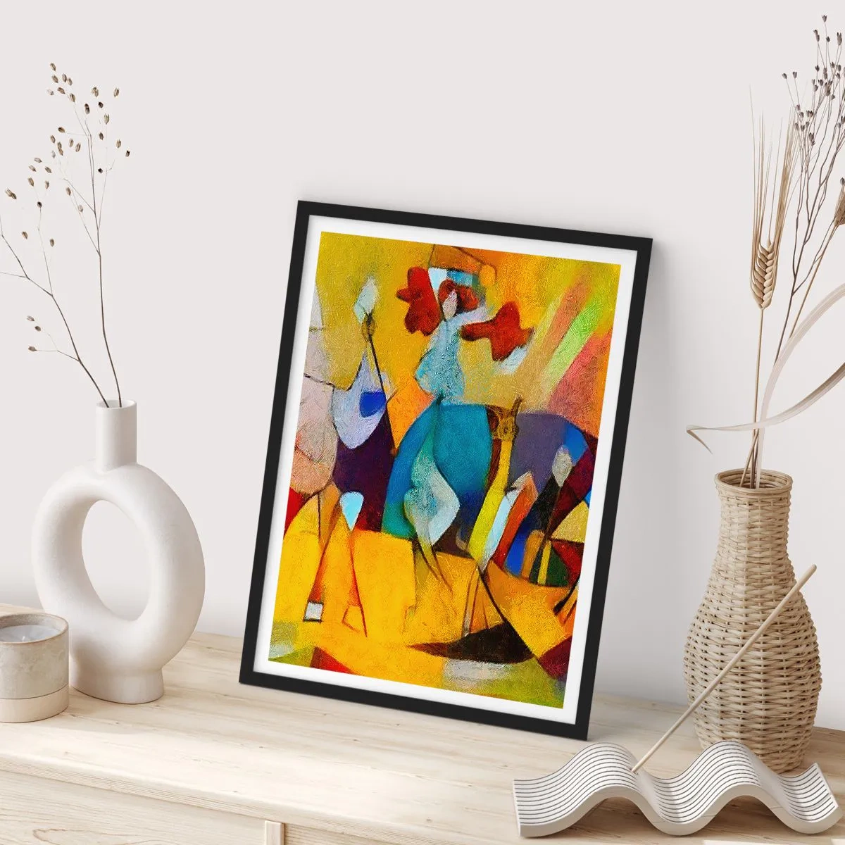 Poszter fehér keretben - Színes figurák absztrakt stílusban - 50x70cm - Nap - élet - boldogság - Modern fali dekoráció nappalihoz és hálószobához ARTTOR