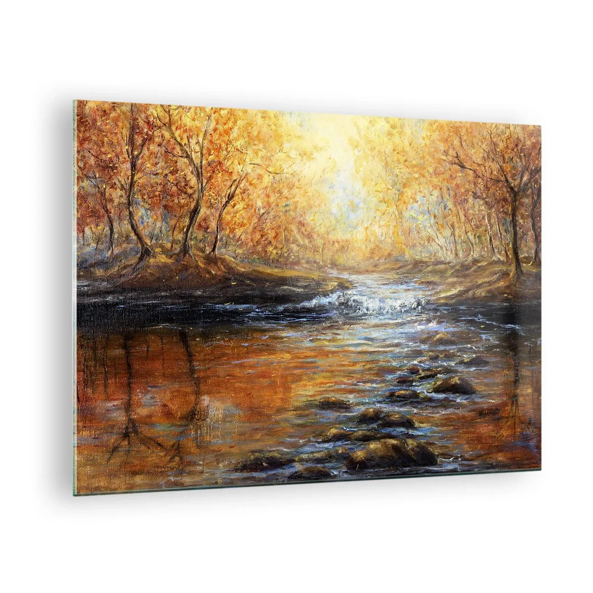 Üveg kép - Egy aranyló patak az erdőben, őszi fákkal körülvéve - 70x50cm - Az Arany Patak - Modern fali dekoráció nappalihoz és hálószobához ARTTOR