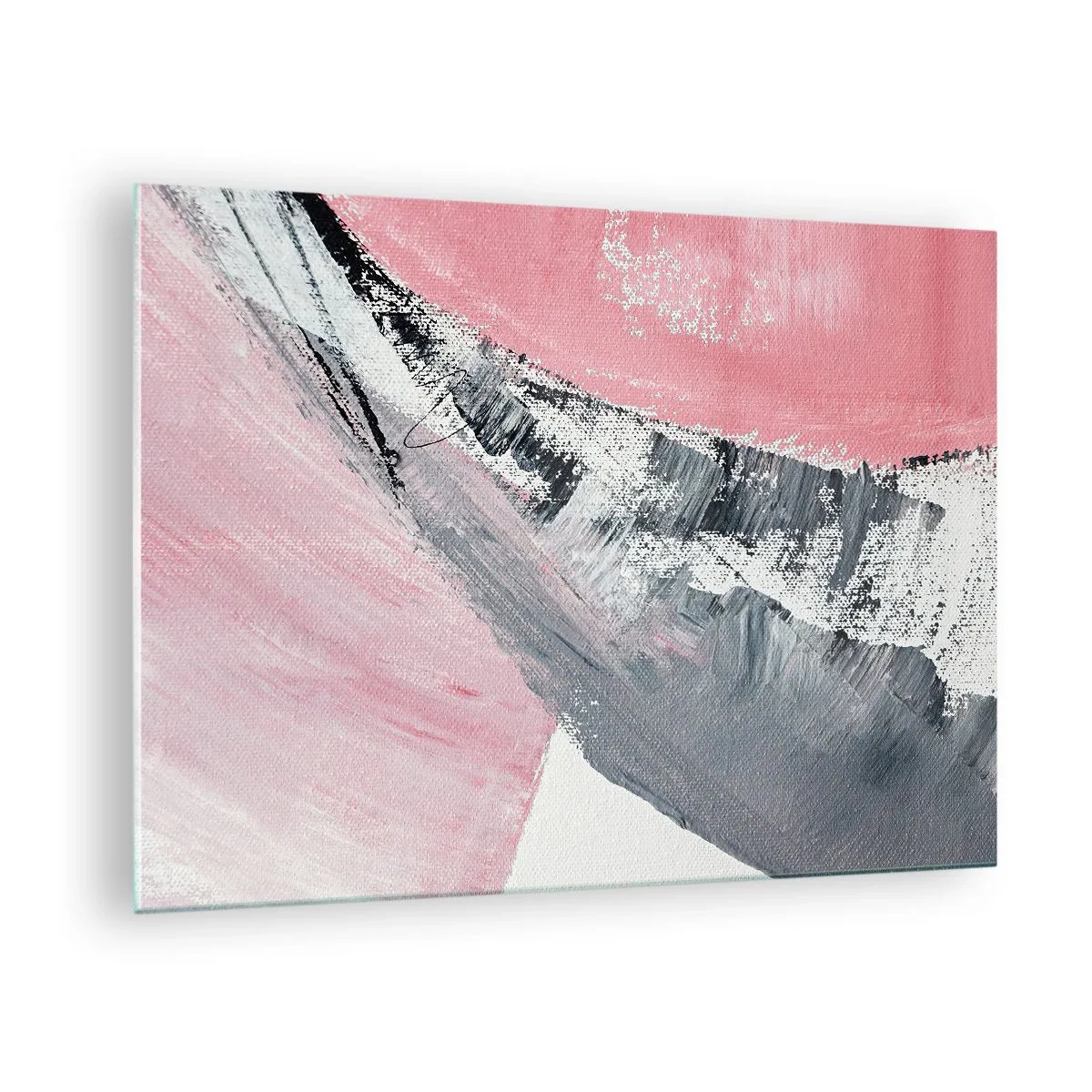 Üveg kép - Modern absztrakció rózsaszínben, fehérben és szürkeben, ecsetvonás-textúrával - 70x50cm - Hozzáillő kompozíció - Modern fali dekoráció nappalihoz és hálószobához ARTTOR