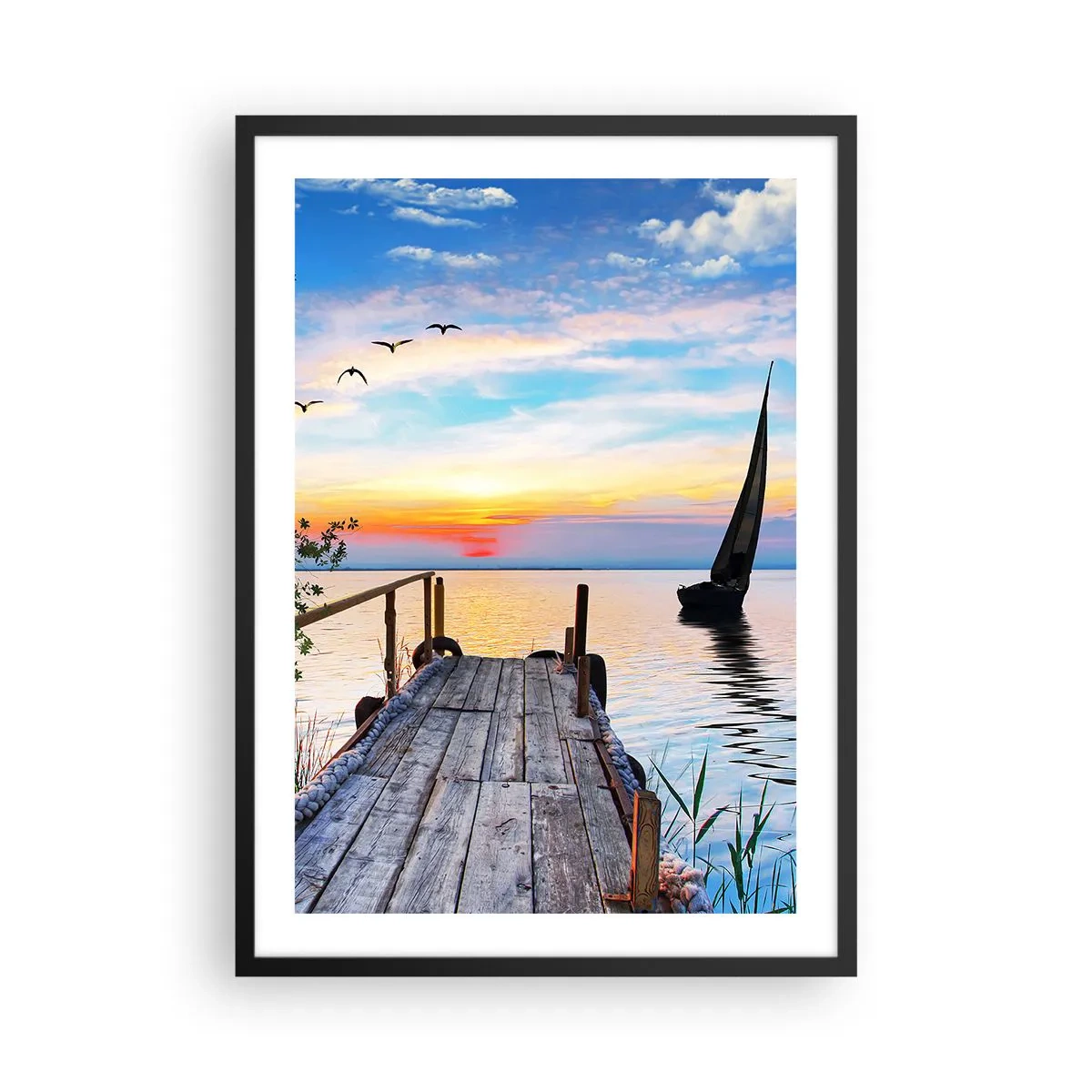 Poszter fehér keretben - Lakeside móló naplementekor - 50x70cm - Kellemes este - Modern fali dekoráció nappalihoz és hálószobához ARTTOR