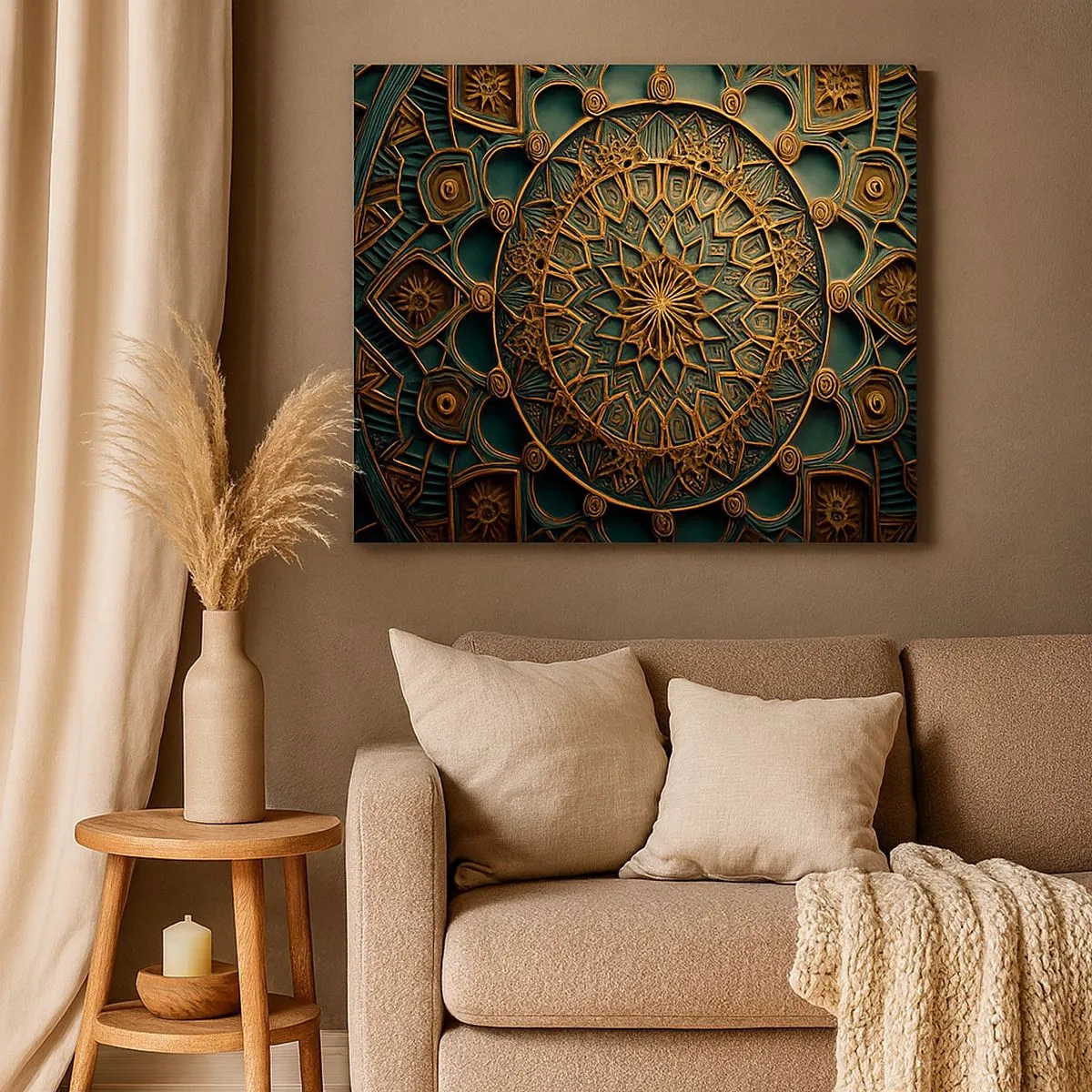 Vászonkép - Gazdag részletekkel díszített, türkiz alapon arany mandala. - 70x50cm - Egy arab éghajlaton - Modern fali dekoráció nappalihoz és hálószobához ARTTOR