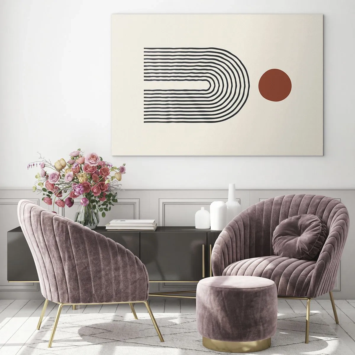 Üveg kép - Grafikus absztrakció vonalakkal és körökkel retró stílusban - 70x50cm - Formák és színek vonzalma - Modern fali dekoráció nappalihoz és hálószobához ARTTOR