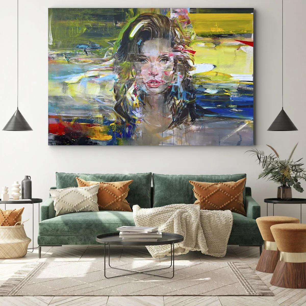 Vászonkép - Egy nő absztrakt portréja intenzív színekben - 70x50cm - A levegő függöny mögött - Modern fali dekoráció nappalihoz és hálószobához ARTTOR