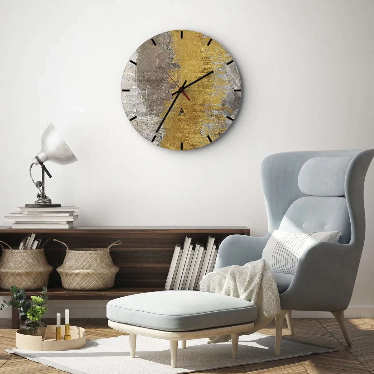 Falióra, Óra - Arany-szürke textúra absztrakt stílusban - 30x30cm - Egy aranyszínű fuvallat - Modern fali dekoráció nappalihoz, konyhához és hálószobához ARTTOR