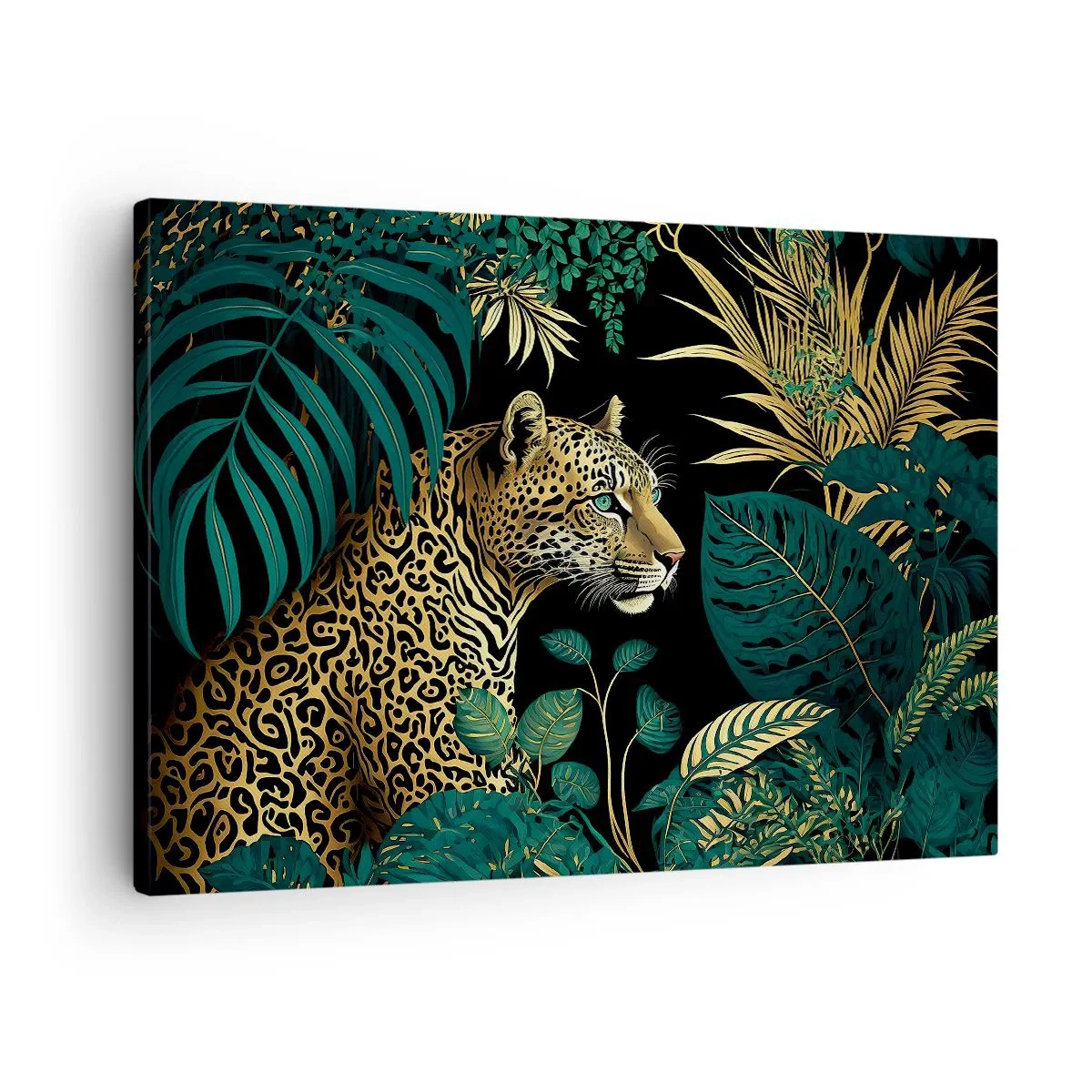 Vászonkép - Leopárd trópusi levelekben, fekete háttéren - 70x50cm - A házigazda a dzsungelben - Modern fali dekoráció nappalihoz és hálószobához ARTTOR