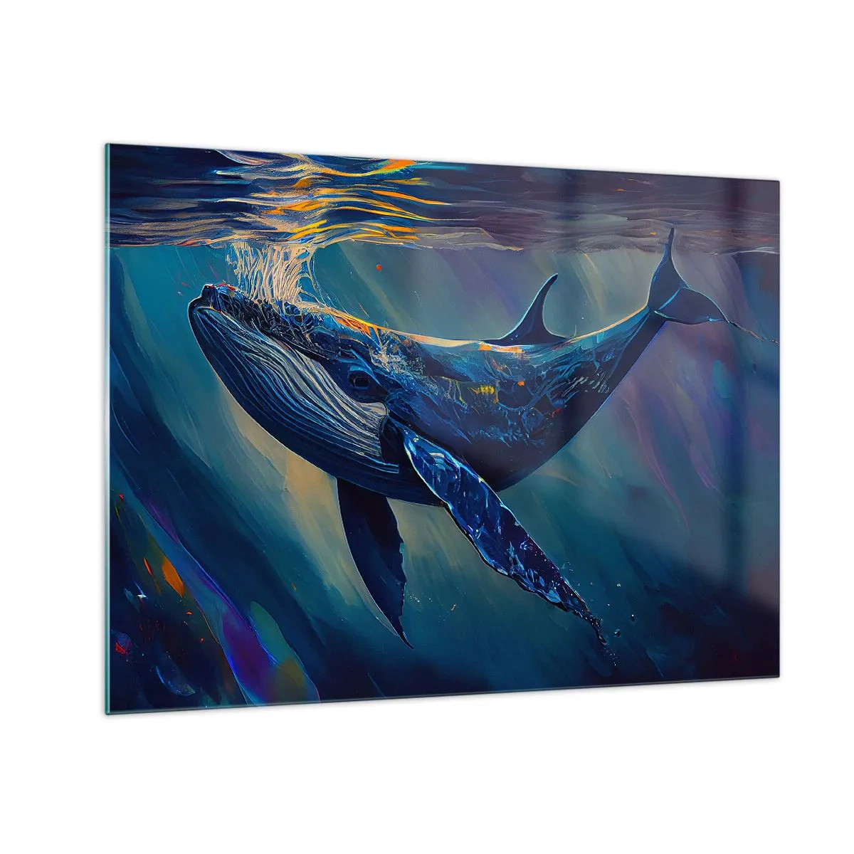 Üveg kép - Egy bálna lebeg a víz alatt a napfényben - 70x50cm - Üdvözöllek a világomban - Modern fali dekoráció nappalihoz és hálószobához ARTTOR