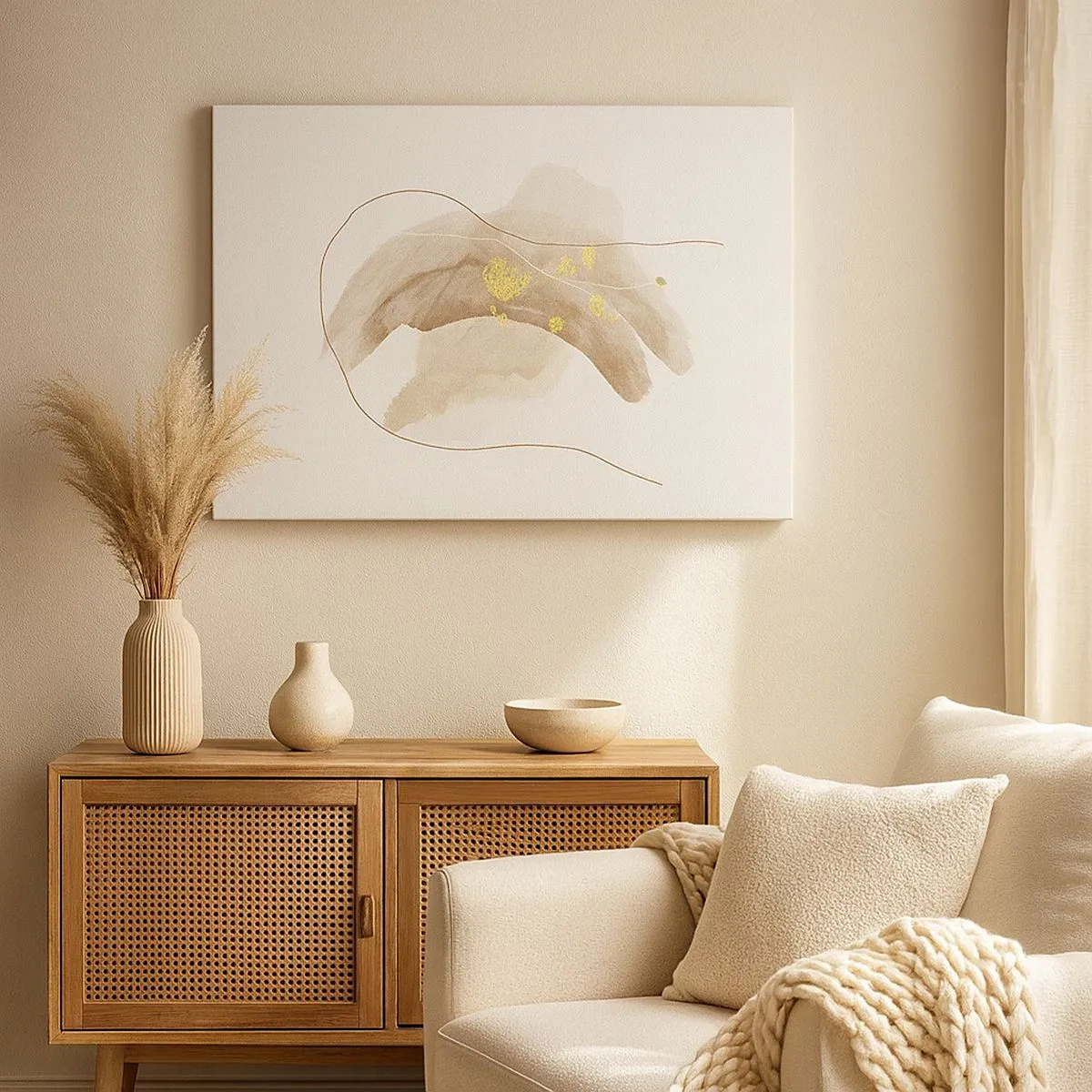 Vászonkép - Egy absztrakt kompozíció bézs és arany árnyalatokban. - 70x50cm - Megtalált az űrben - Modern fali dekoráció nappalihoz és hálószobához ARTTOR