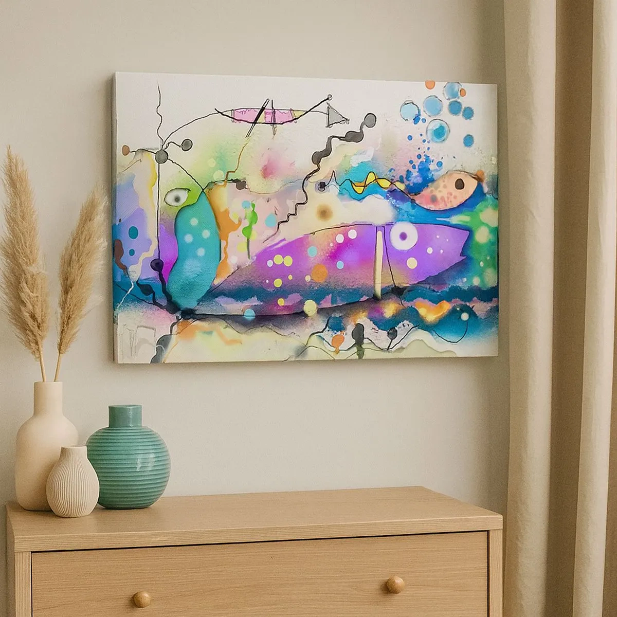 Vászonkép - Absztrakt halak színes, szürreális kompozícióban - 70x50cm - Nincsenek szavak! - Modern fali dekoráció nappalihoz és hálószobához ARTTOR