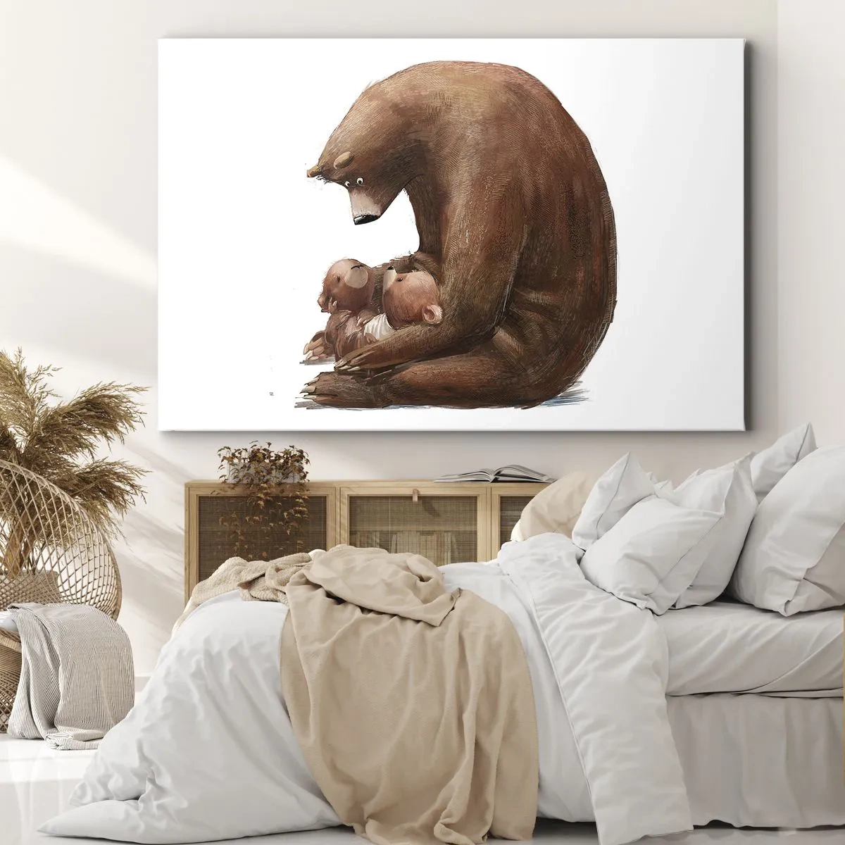 Vászonkép - Egy anyamedve két kis medvével a karjában - 70x50cm - Szép álmokat gyerekek - Modern fali dekoráció nappalihoz és hálószobához ARTTOR