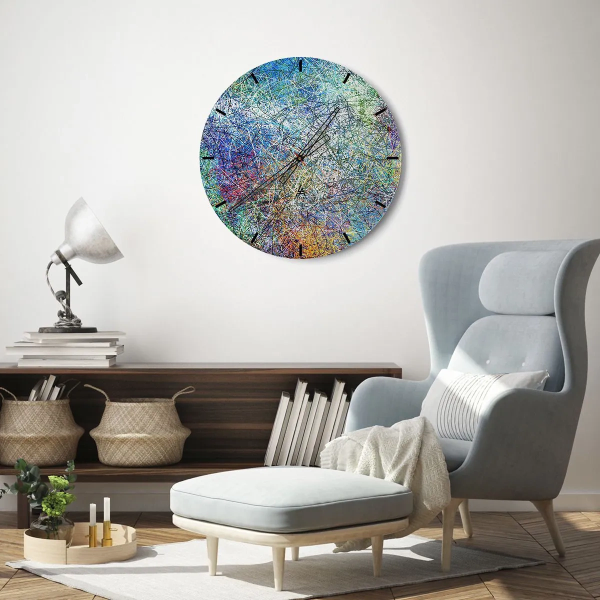 Falióra, Óra - Egy absztrakt, színes motívum kaotikus vonalakkal és foltokkal. - 30x30cm - Ez nem olyan egyszerű - Modern fali dekoráció nappalihoz, konyhához és hálószobához ARTTOR