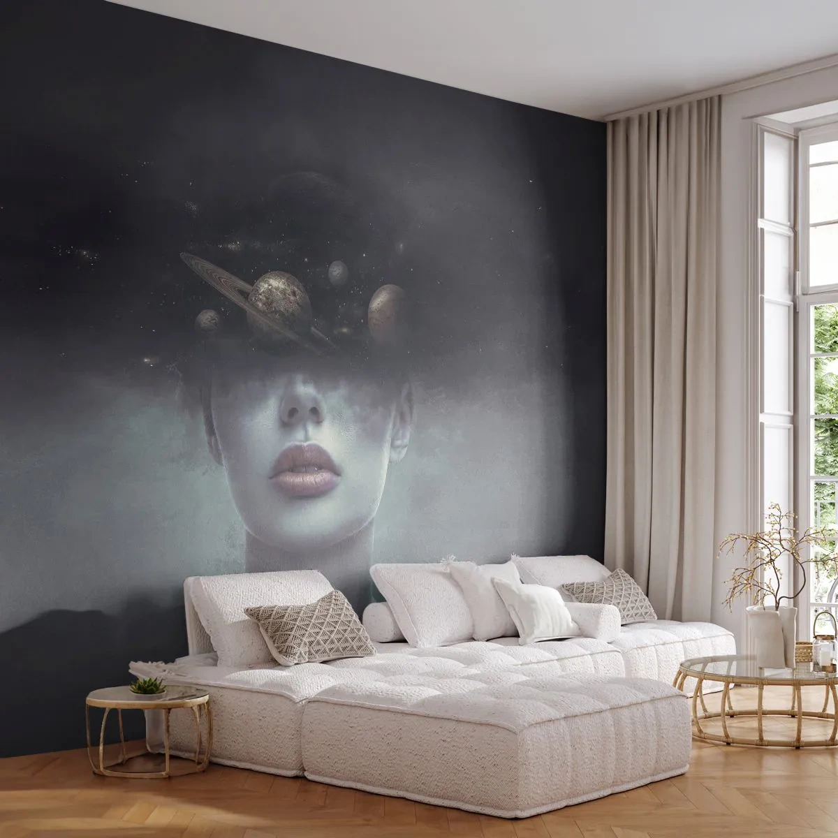 Fotótapéta Premium Sand - És a bolygók megvadulnak... - Absztrakció, Női Arc, Világegyetem - 100x70 cm
