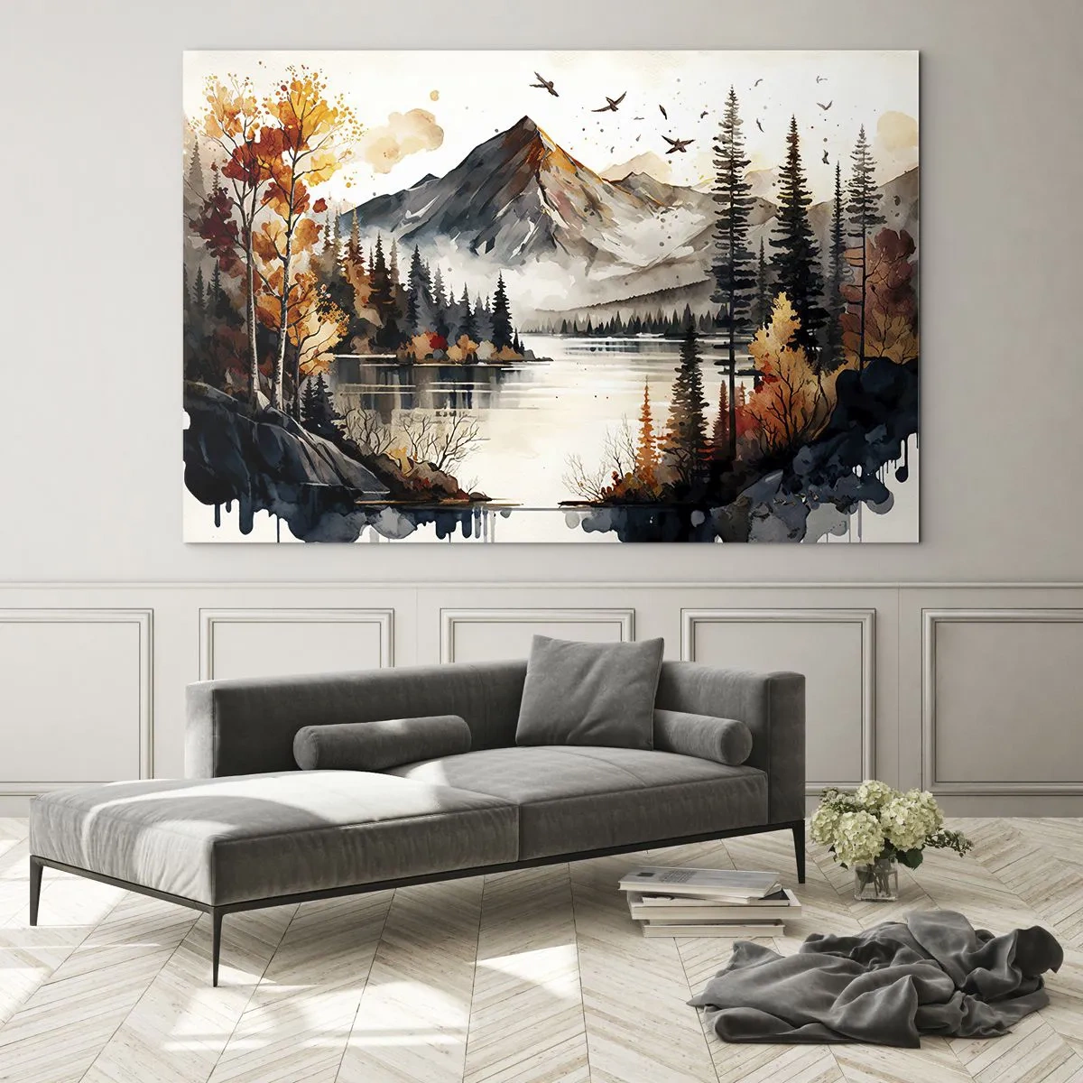 Üveg kép - Őszi hegyi táj tóval és erdővel - 70x50cm - Aranyszínű ősz a hegyekben - Modern fali dekoráció nappalihoz és hálószobához ARTTOR