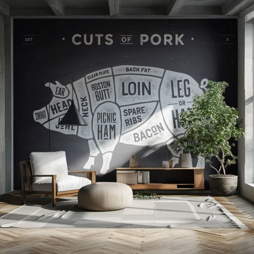 Egyedi öntapadó tapéta Deluxe Sticker - Mészáros ábécéskönyve - Gasztronómia, Állati malac, Sertéshús