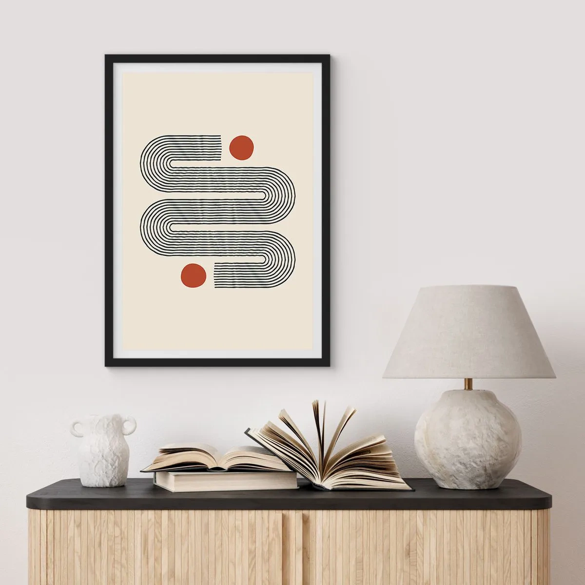 Poszter fehér keretben - Geometrikus minta vonalakkal és piros körökkel - 50x70cm - Elejétől végéig - Modern fali dekoráció nappalihoz és hálószobához ARTTOR