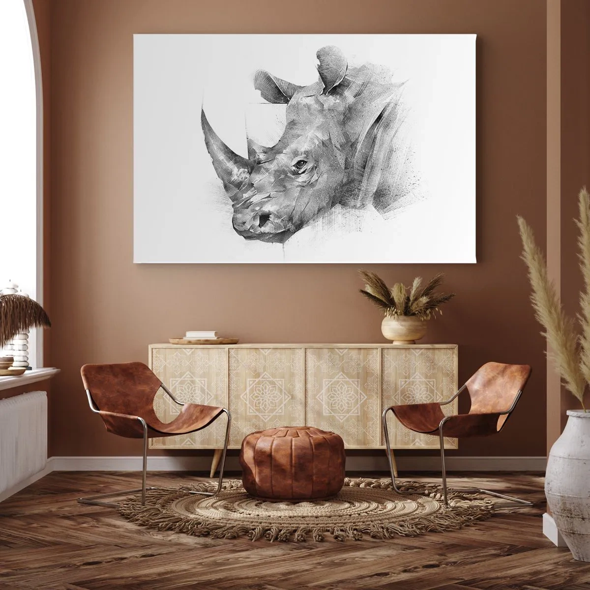 Vászonkép - Orrszarvú művészi portréja fekete-fehérben - 70x50cm - Afrikai portré - Modern fali dekoráció nappalihoz és hálószobához ARTTOR