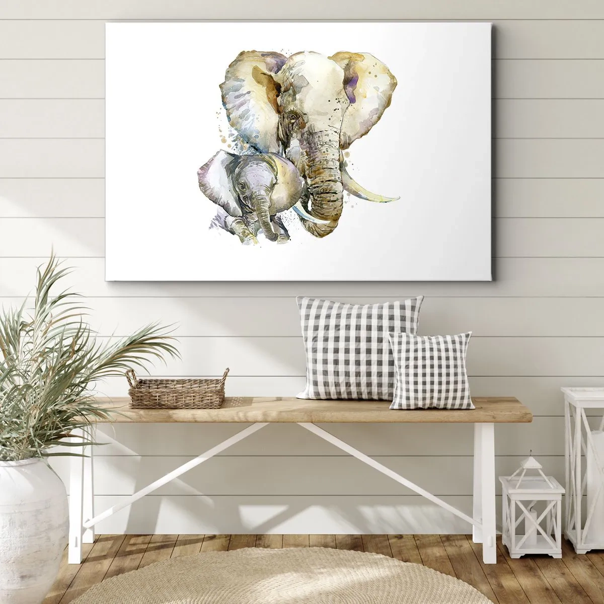 Vászonkép - Akvarell elefántok finom színekben - 70x50cm - Sehol se jobb mint anyánál - Modern fali dekoráció nappalihoz és hálószobához ARTTOR