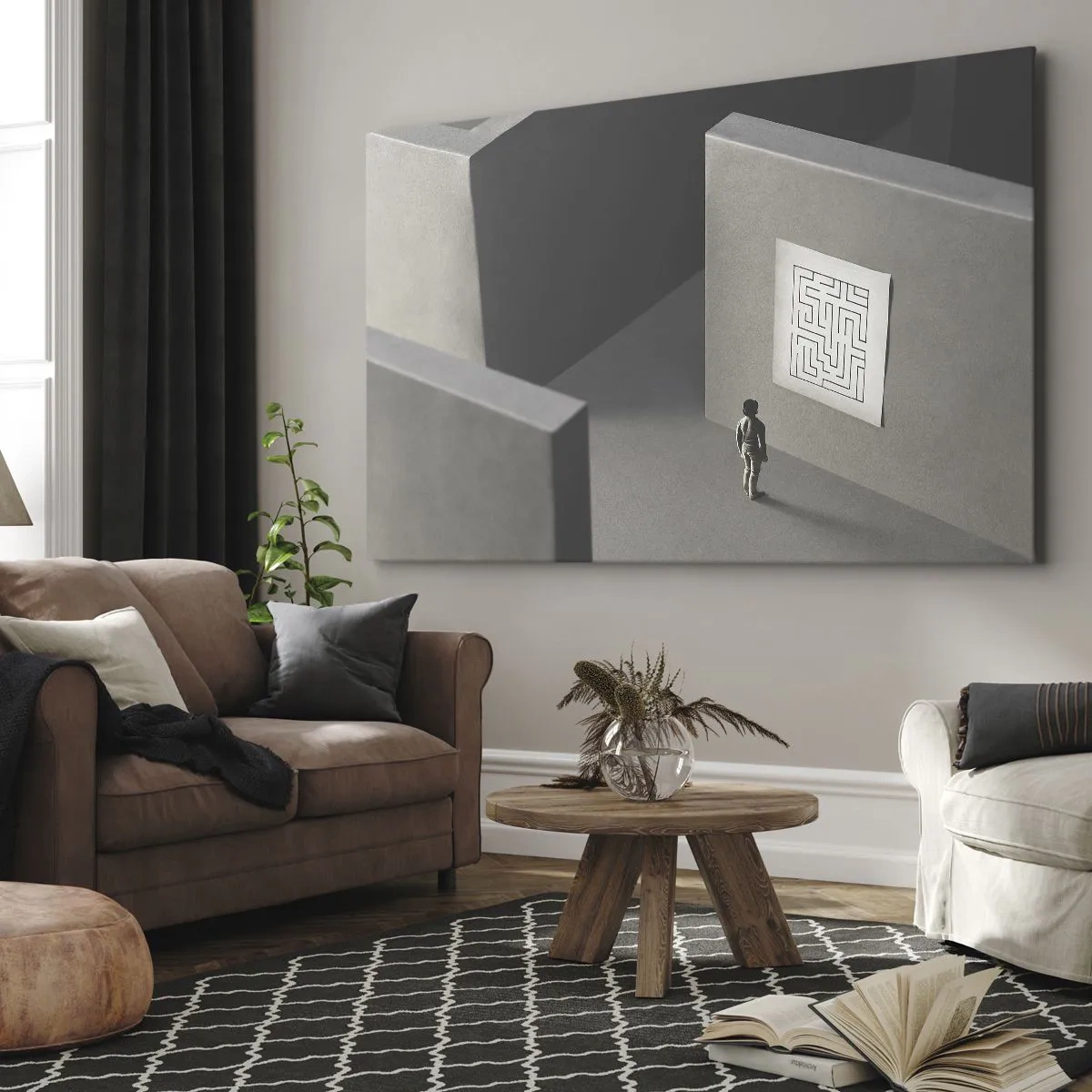 Vászonkép - Egy labirintusban lévő alak egy függő térképet néz - 70x50cm - De én hol vagyok? - Modern fali dekoráció nappalihoz és hálószobához ARTTOR