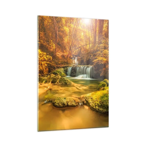 Üveg kép - Erdei vízesés aranyban - 80x120 cm