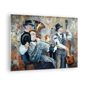 Üveg kép - Egy dzsesszzenekar egy atmoszférikus, impresszionista színtéren - 70x50cm - Az egész jazz - Modern fali dekoráció nappalihoz és hálószobához ARTTOR