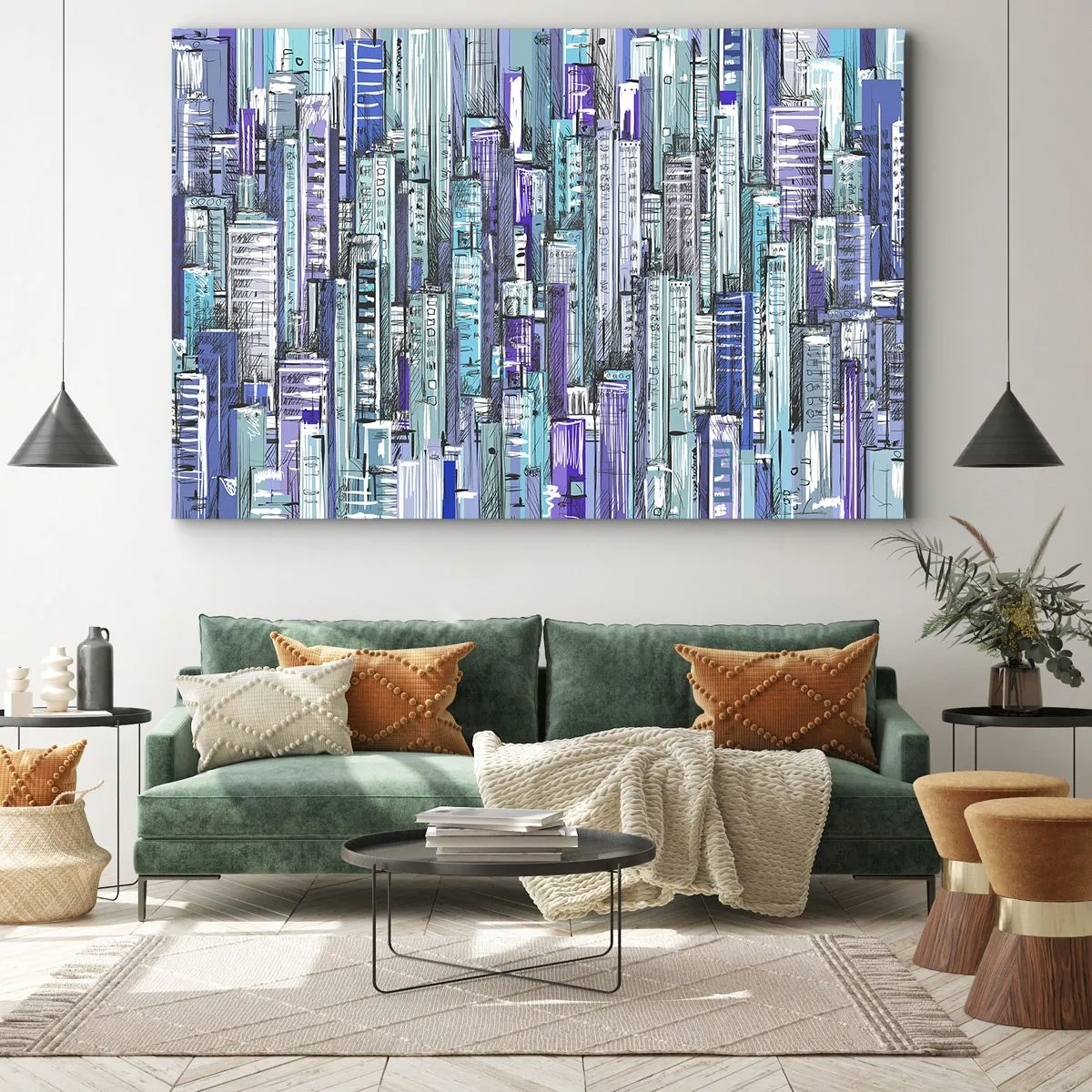 Vászonkép - Egy város illusztrációja geometrikus épületekkel kék és lila árnyalatokban. - 70x50cm - Kikékült az égtől - Modern fali dekoráció nappalihoz és hálószobához ARTTOR