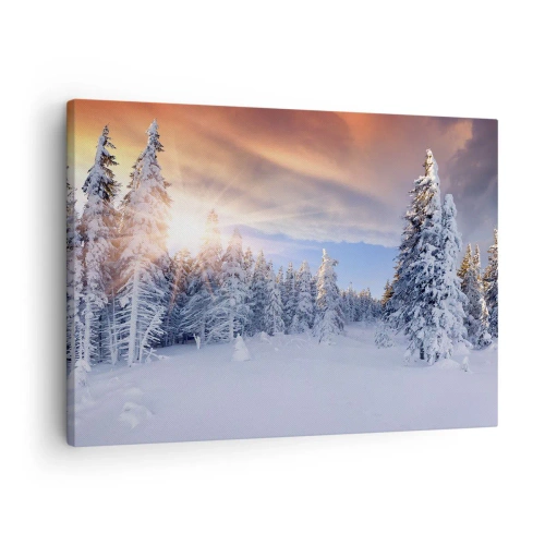 Vászonkép - Téli táj hófödte erdővel naplementekor - 70x50cm - A természet havas látványa - Modern fali dekoráció nappalihoz és hálószobához ARTTOR