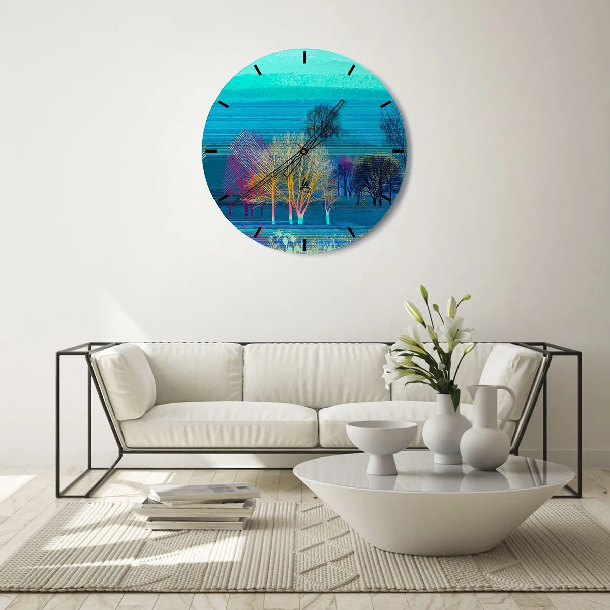 Falióra, Óra - Színes fák egy absztrakt tájkép hátterében - 30x30cm - Fésűs táj - Modern fali dekoráció nappalihoz, konyhához és hálószobához ARTTOR