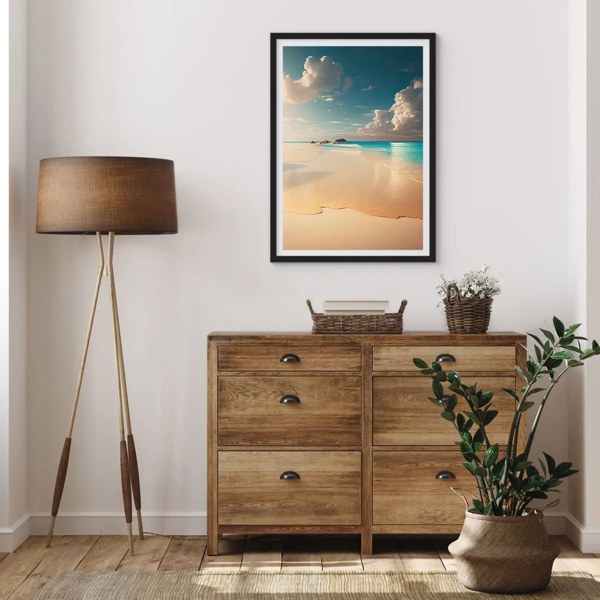 Poszter fehér keretben - Egy türkizkék vízzel, finom felhőkkel és homokkal teli strand - 50x70cm - Egy álomszerű nap - Modern fali dekoráció nappalihoz és hálószobához ARTTOR