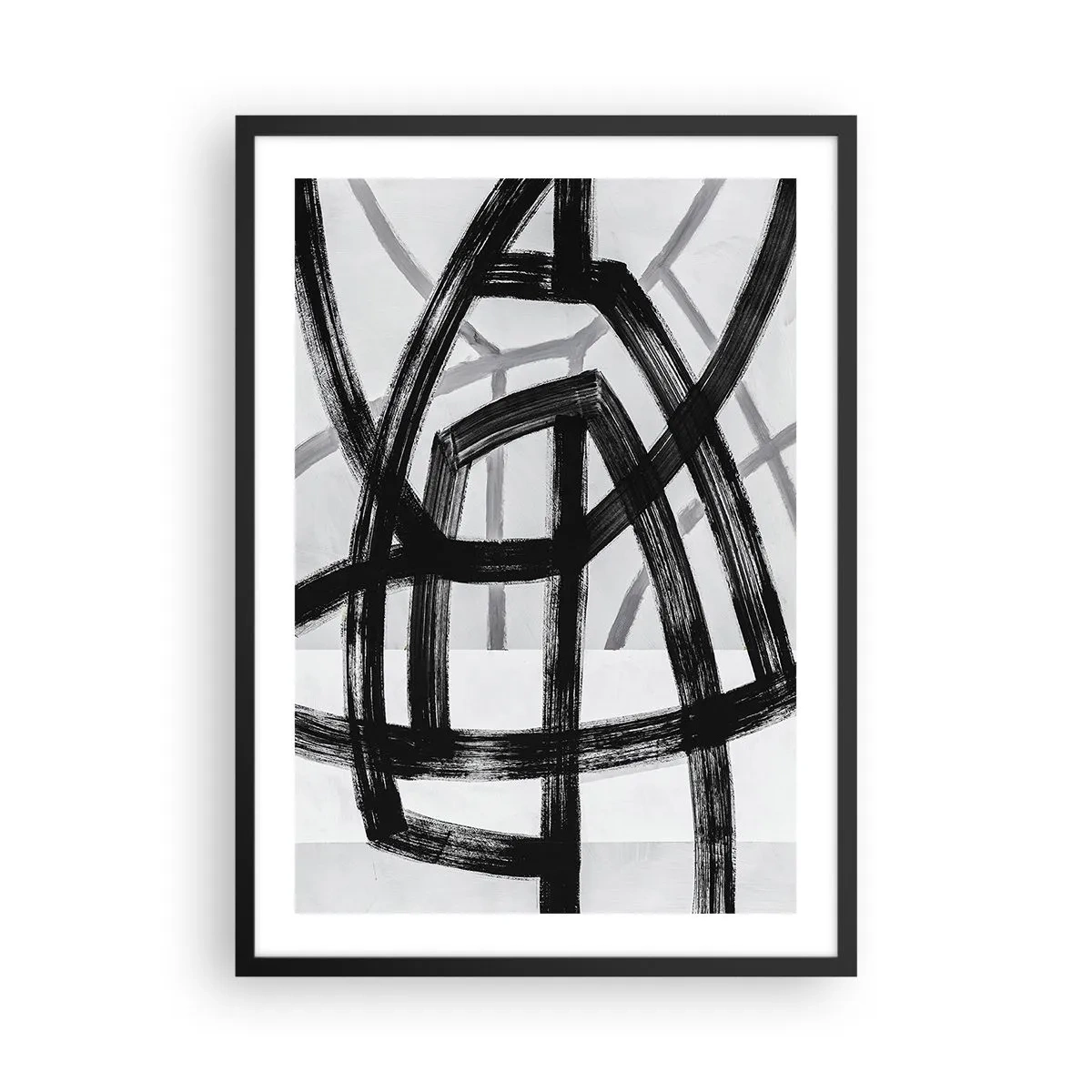 Poszter fehér keretben - Geometrikus fekete vonalak világos háttéren egy absztrakt kompozícióban - 50x70cm - Mélység építése - Modern fali dekoráció nappalihoz és hálószobához ARTTOR