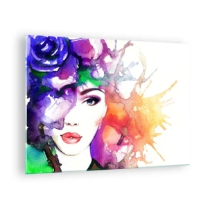 Üveg kép - Egy nő homályos, színes háttérrel akvarell stílusban - 70x50cm - Fejjel a felhőkben - Modern fali dekoráció nappalihoz és hálószobához ARTTOR