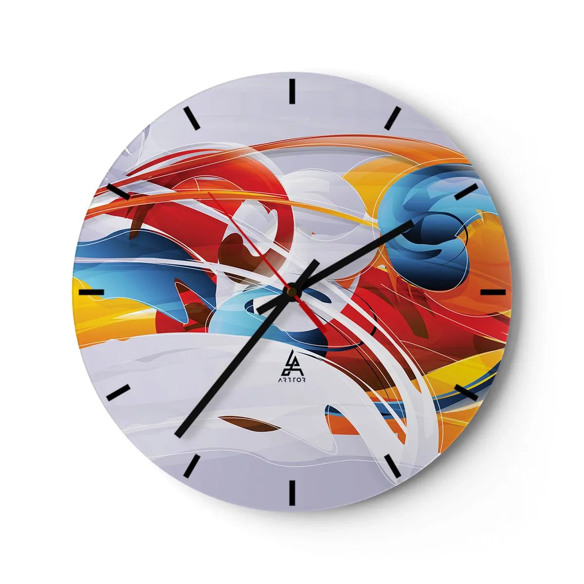 Falióra, Óra - Absztrakt formák dinamikus piros, kék és sárga színekben - 30x30cm - Az elemek tánca - Modern fali dekoráció nappalihoz, konyhához és hálószobához ARTTOR