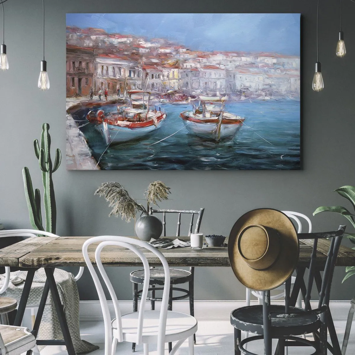 Vászonkép - Hajók egy festői olasz öbölben - 70x50cm - Olasz öböl - Modern fali dekoráció nappalihoz és hálószobához ARTTOR