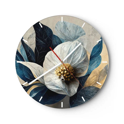 Falióra, Óra - Fehér virágkompozíció sötétkék levelekkel és arany középponttal - 30x30cm - Arany szíve van - Modern fali dekoráció nappalihoz, konyhához és hálószobához ARTTOR