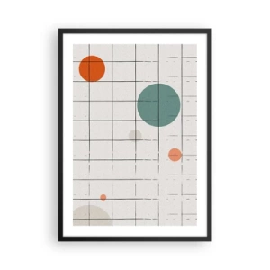 Poszter fehér keretben - Rács és színes körök absztrakt kompozíciója - 50x70cm - Csapdába esve. Mi vagy ők? - Modern fali dekoráció nappalihoz és hálószobához ARTTOR