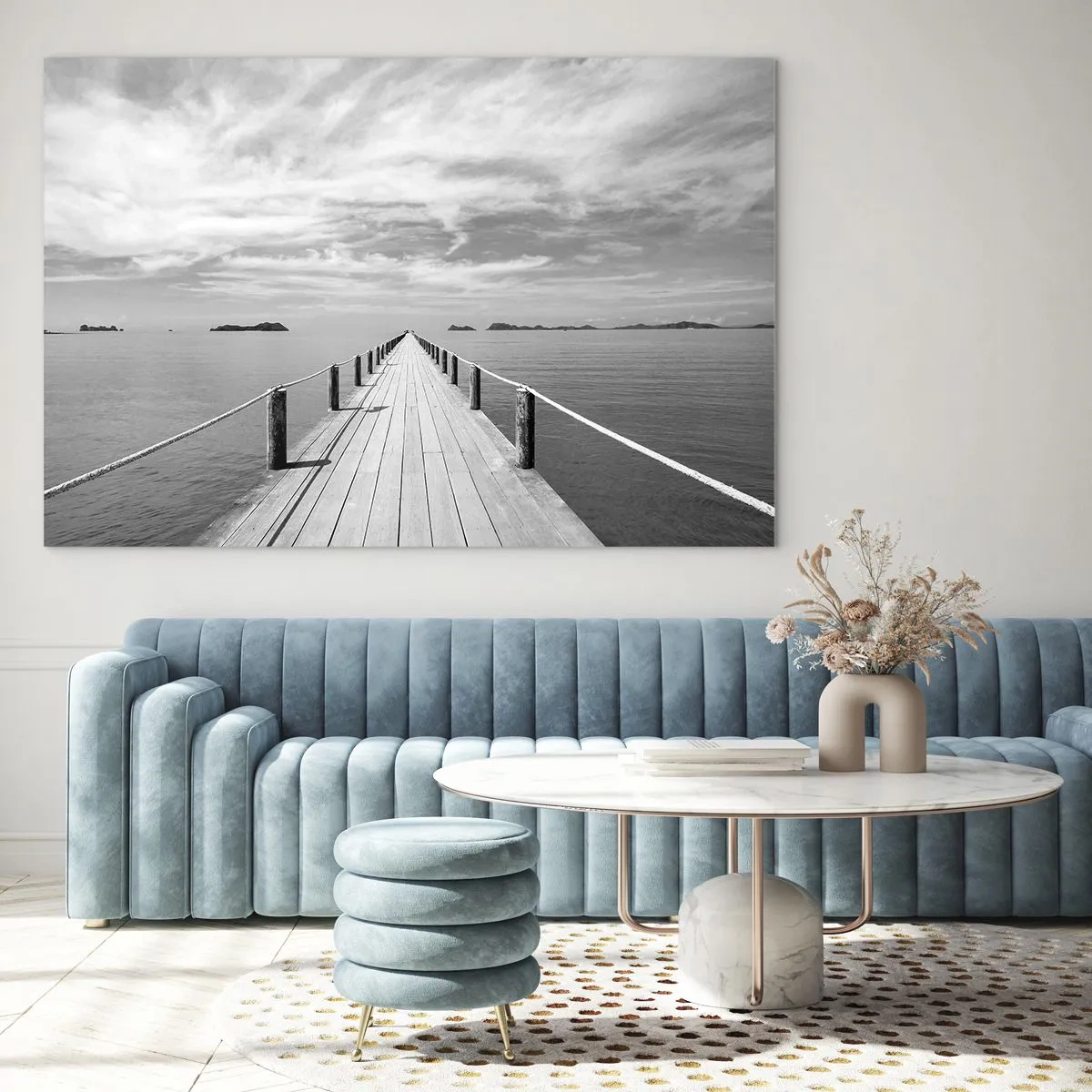 Üveg kép - Egy fából készült móló vezet a távolba egy nyugodt tengeren át - 70x50cm - Talán egy kirándulás... - Modern fali dekoráció nappalihoz és hálószobához ARTTOR