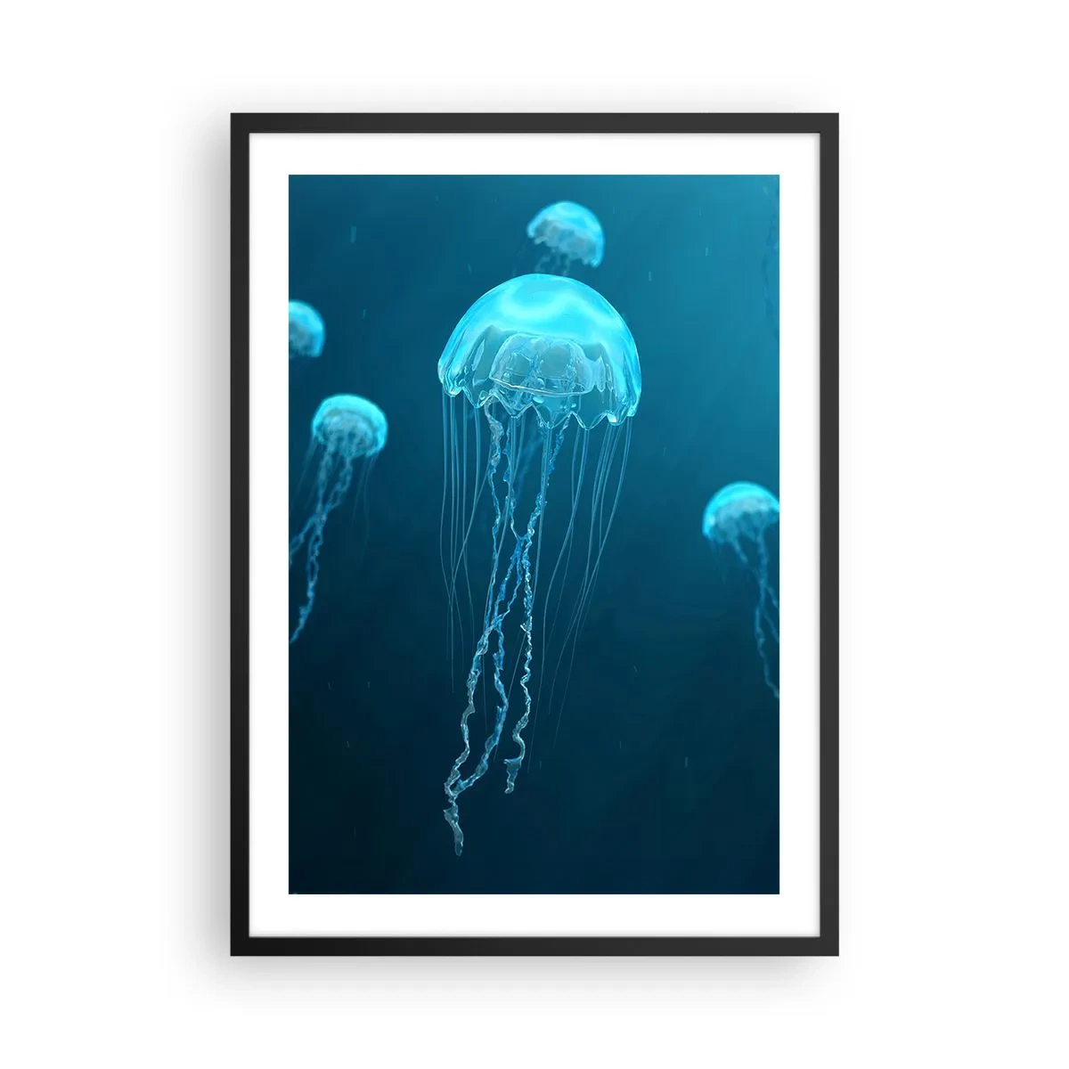 Poszter fehér keretben - Medúza úszik a kék óceán vizében - 50x70cm - Óceáni tánc - Modern fali dekoráció nappalihoz és hálószobához ARTTOR