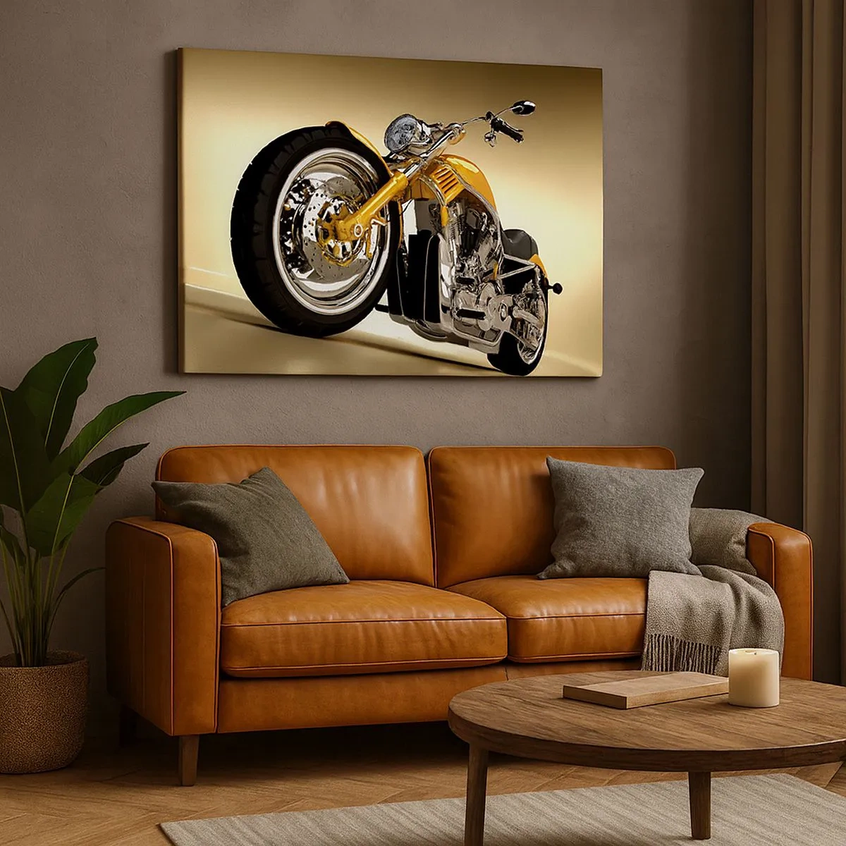 Vászonkép - Egy sárga chopper stílusú motorkerékpár egy bézs falnak - 70x50cm - Álom az erőről és gyorsaságról - Modern fali dekoráció nappalihoz és hálószobához ARTTOR
