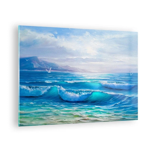 Üveg kép - Kék tenger hullámai simogatják a partot egy napsütéses napon - 70x50cm - Megkönnyebbülést hoz - Modern fali dekoráció nappalihoz és hálószobához ARTTOR